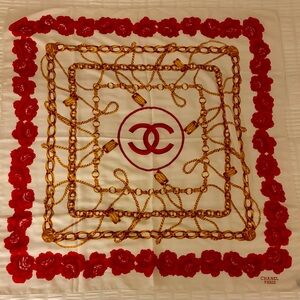 CHANEL—Red & Gold Roses and Chains Scarf